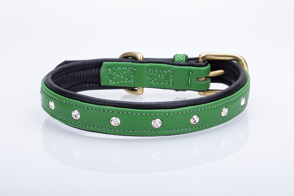 Pear Tannery Soft Padded Flat Leather Dog Collar Swarovki PearTannery