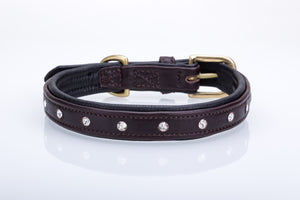 Pear Tannery Soft Padded Flat Leather Dog Collar Swarovki